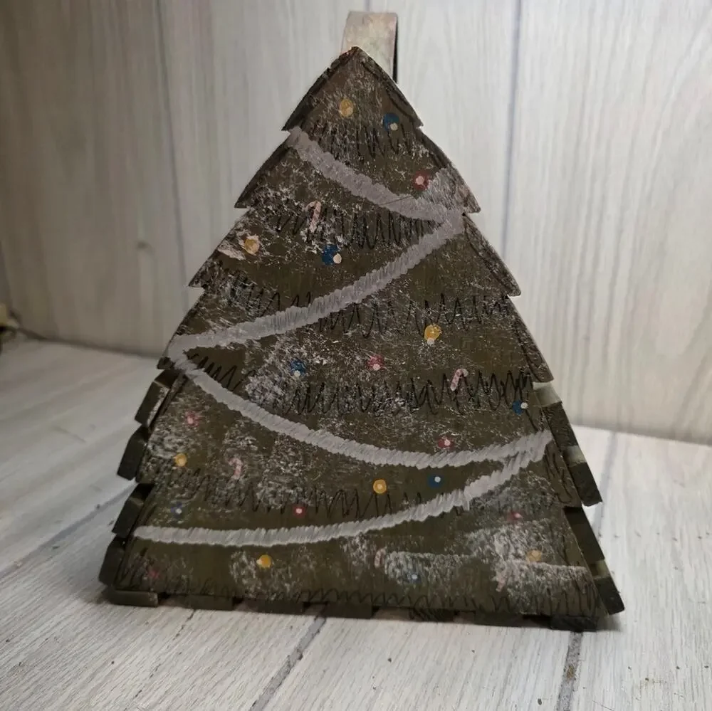 Vtg Handmade Wood Christmas Tree Basket Card Holder Holiday Farmhouse Festive